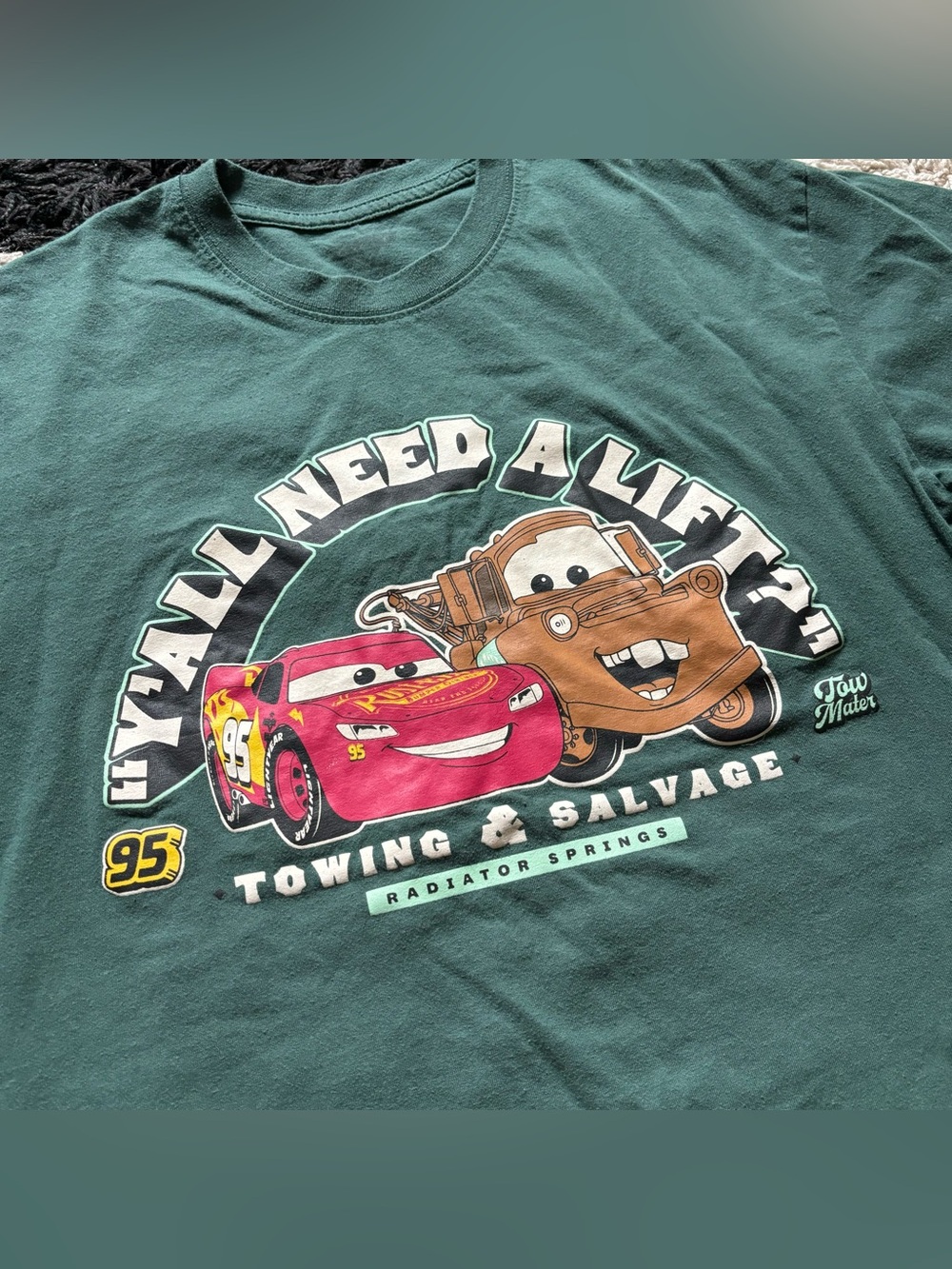 Cars Tow Mater Y’all Need a Lift? Lightning McQueen Graphic Green Tshirt